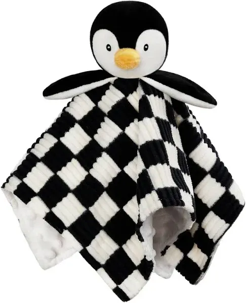 Baby Lovey Blanket for Boys Girls Super Soft Checkerboard Gingham with Minky Dot Fabric Backing Penguin Stuffed Animal Lovely Snuggle Toy Black 14 Inch