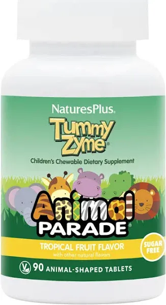 Natures Plus Animal Parade Source of Life Children's Chewable Digestive Aid - Tropical Fruit Flavor - 90 Animal Shaped Tablets - Contains Live Probiotics - Vegetarian, Gluten-Free - 90 Servings