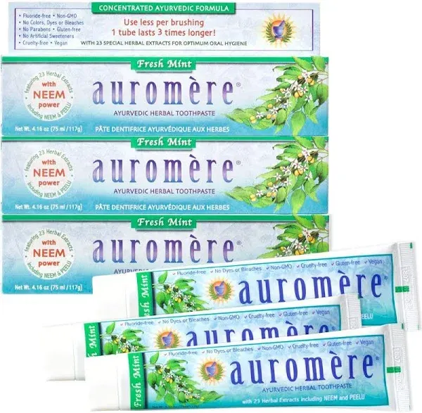 Auromere Ayurvedic Herbal Toothpaste - Refreshing Mint, Vegan, Non-GMO, Fluoride-Free - 3 Pack