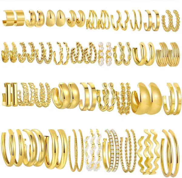 36 Pairs Gold Hoop Earrings Set for Women, Chunky Gold Earrings Multipack, Trendy Silver Hoop Earring Pack Jewelry