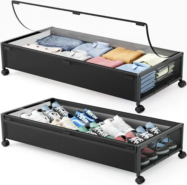 Under Bed Storage Containers with Wheels 2 Pack Underbed Shoe Storage Bedroom Storage Bins Organizer Large Capacity Under Bed Storage with Lid for Clothes Shoes Toys Blankets (Black)