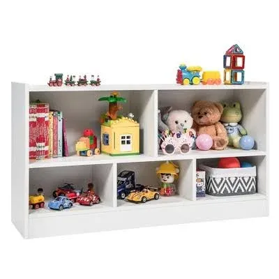 Kids 2-Shelf Bookcase 5-Cube Wood Toy Storage Cabinet Organizer-White