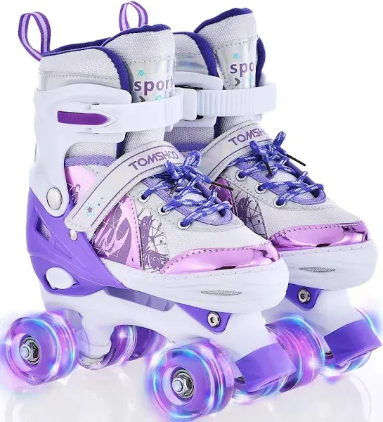 TOMSHOO Roller Skates for Girls Kids Child Beginners, 4 Size Adjustable Light up Wheels Fun Illuminating Purple Pink Skates for Boys Toddlers Patines para niñas