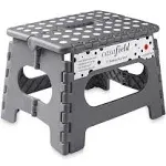 9" Folding Step Stool with Handle, Gray - Portable Collapsible Small Plastic Foot Stool for Kids and Adults - Use in The Kitchen, Bathroom and Bedroom