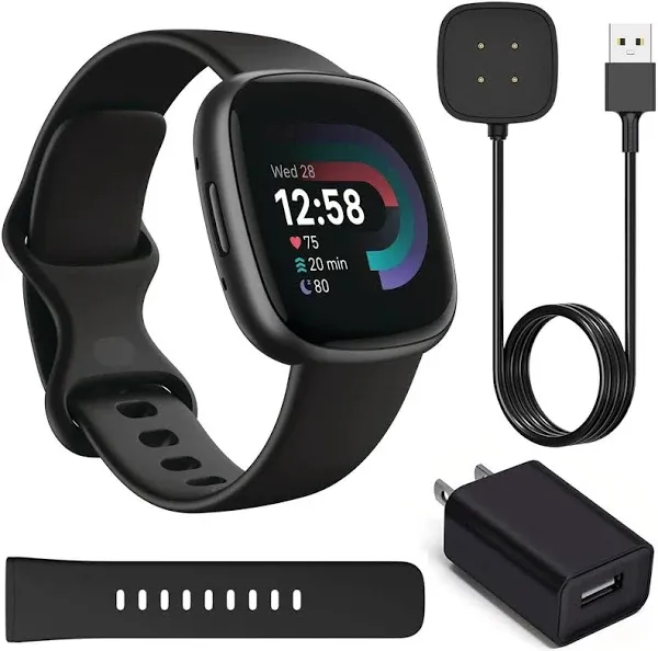 Fitbit Versa 4 Health and Fitness Smart Watch (Black/Graphite) with GPS, 6 Day Battery Life S & L Bands, Bundle with Wall Adapter