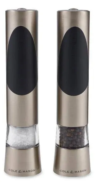 Cole & Mason Richmond Electric Salt and Pepper Mills, Adjustable Grind Mechanism, Chrome/Acrylic, 215 mm, Gift Set, Includes 2 x Electric Grinders