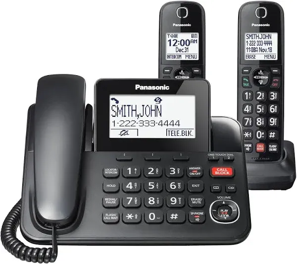 Panasonic Corded/Cordless Phone with Advanced Call Block, 2-Way Recording and Digital Answering Machine, 2 Handsets Expandable up to 6 Cordless Handsets - KX-TGF852B (Black)