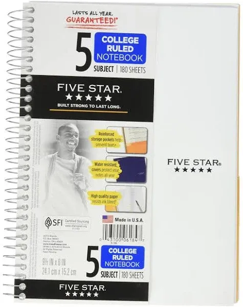 Five Star Spiral Notebook, 5 Subject, College Ruled Paper Assorted Colors 06184