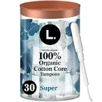 L. Tampons, 100% Organic Cotton Core, Super, Unscented - 30 tampons