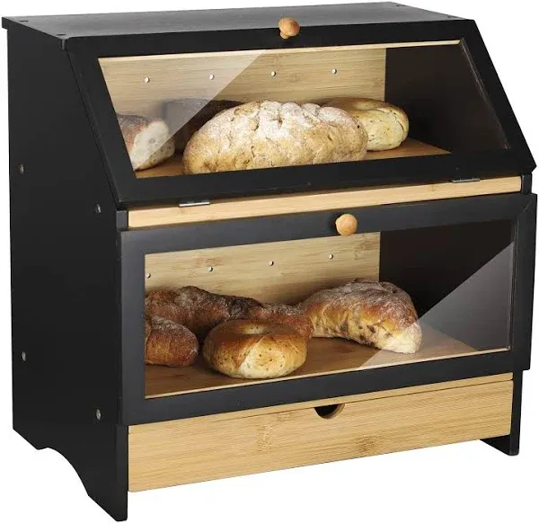 HOMEKOKO Large Bamboo Two-layer Bread Box With Drawer Double Layers Large Bre...