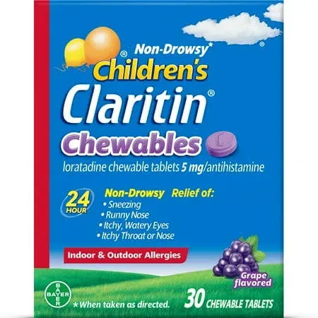 Claritin Children&#039;s Chewable 5 mg. 24 Hour Non-Drowsy, 80 Grape Chewable Tablets