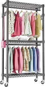 Mini Clothing Rack Heavy Duty Clothes Rack with Wheels 3 Tiers Wire Shelving Adjustable with Double Rods and Side Hooks Rolling Clothing Racks for Hanging Clothes Coat Rack Freestanding