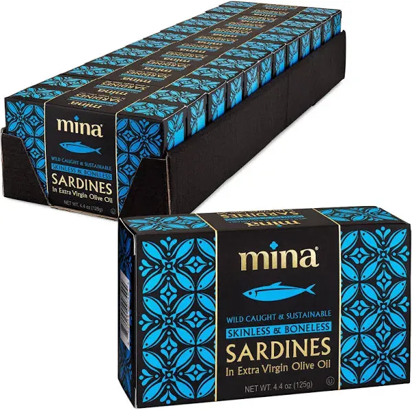 Mina Sardines, Skinless & Boneless Sardines in Extra Virgin Olive Oil, 4.4 Ounce Wild Caught Sardines, Packed By Hand, Low Sodium, High in Protein, Keto, Paleo, Sardines in Olive Oil (Pack of 12)