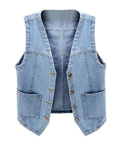 Lady Denim Waistcoat Gilet Jacket Sleeveless Embellished Jeans Vest Tops Fashion