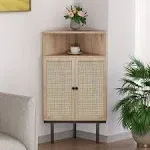 XIAO WEI 39 Inch 4-Tier Corner Cabinet with Two Handmade Natural Rattan Doors, Freestanding Corner, Corner Shelf, Corner Table for Small Spaces, Corner Bathroom Cabinet, Metal Legs