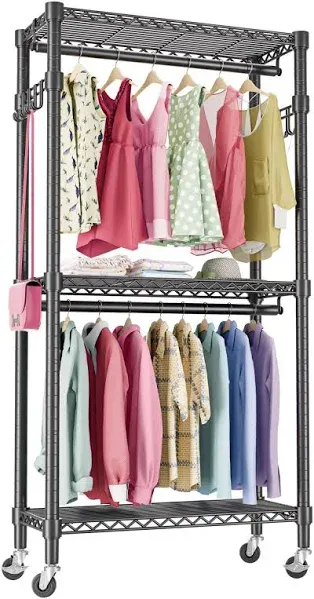 Mini Clothing Rack Heavy Duty Clothes Rack with Wheels 3 Tiers Wire Shelving Adjustable with Double Rods and Side Hooks Rolling Clothing Racks for Hanging Clothes Coat Rack Freestanding