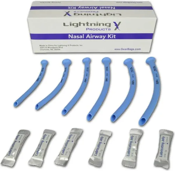 Lightning X Deluxe Nasopharyngeal (Nasal) Airway Kit | 6 pcs NPA | Includes 6 NPA's, Lube, Wipes & Gloves