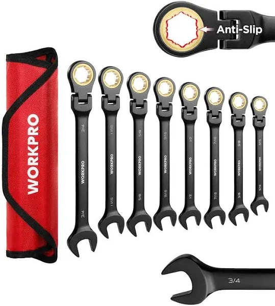 WORKPRO Ratcheting Combination Wrench Set, 8-piece Flex-Head Anti-Slip Wrench...