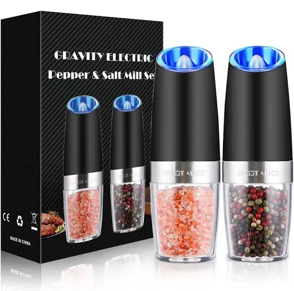 Gravity Electric Pepper and Salt Grinder Set, Adjustable Coarseness, Battery Powered with LED Light, One Hand Automatic Operation, Stainless Steel