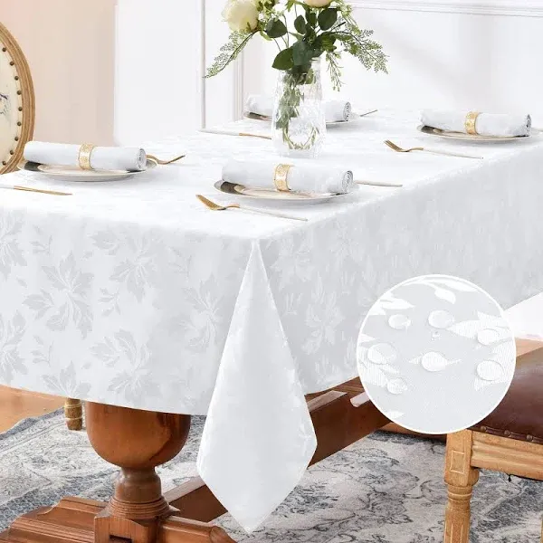 Romanstile Jacquard Rectangle Tablecloth - Waterproof Damask Floral Pattern Decorative Table Cloths Heavy Weight Fabric Table Covers for Dinner/Parties/Outdoor - 60 x 84 Inch, White