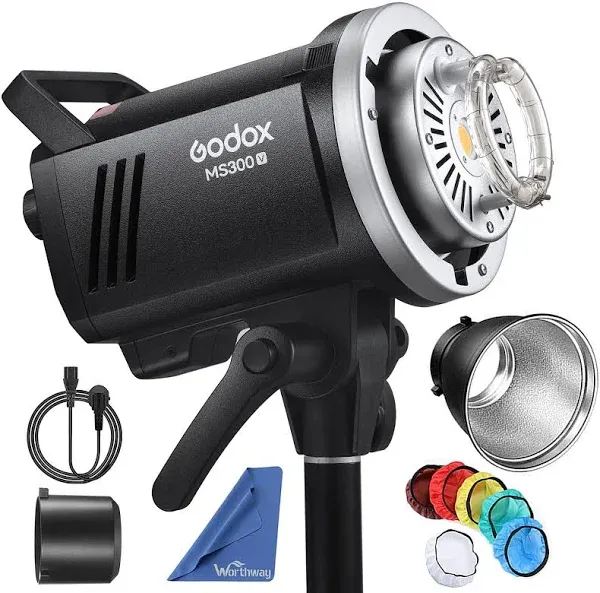 Godox MS300-V Upgraded Studio Flash Light 300Ws Strobe Light GN58 0.1-1.8S Recycle Time 5600±200K 2.4G Wireless X System with 10W LED Modeling Lamp Bowens Mount for Fashion Advertising Photography