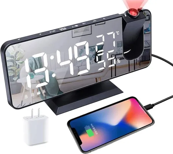 Projection Alarm Clock for Bedrooms Ceiling, Alarm Clock Radio with USB Charger Port, Temperature & Humidity Display, 7.3” Large LED Display,12/24H,Snooze,Dual Loud Alarm Clock- 4 Dimmer