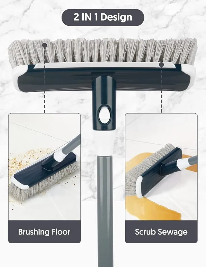 Floor Scrub Brush with Long Handle - MEXERRIS Stiff Carpet Deck Brush 2 in 1 Floor Scrubber Cleaning Grout Brush for Tile, Bathroom, Shower, Sink, Bathtub, and Kitchen Surface - Gray