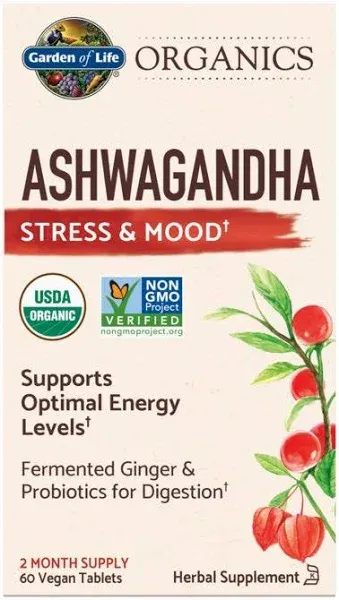 Organic Ashwagandha Stress, Mood &amp; Energy Support Supplement with Probiotics &amp; G