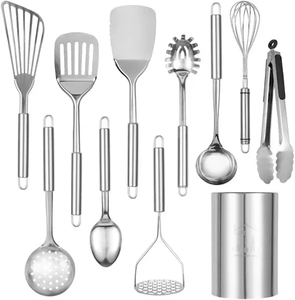 Abodpove Stainless Steel Cooking Utensils Set - 11pcs Kitchen Utensils Set with Holder for Cooking, Stainless Steel Utensils Set with Potato Masher, Skimmer, Spoons, Turners, Whisk, Tongs