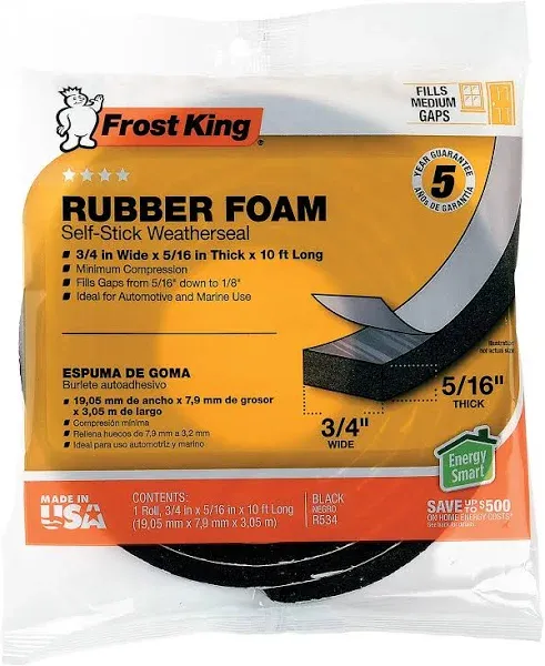 Frost King Black Rubber Foam Weather Stripping Tape For Auto and Marine 10 ft. L x 5/16 in.