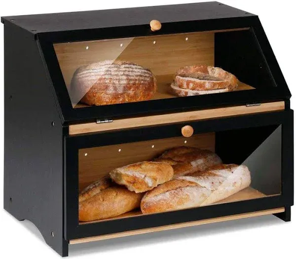 Double Layer Large Bread Box for Kitchen Counter, Wooden Large Capacity Bread St