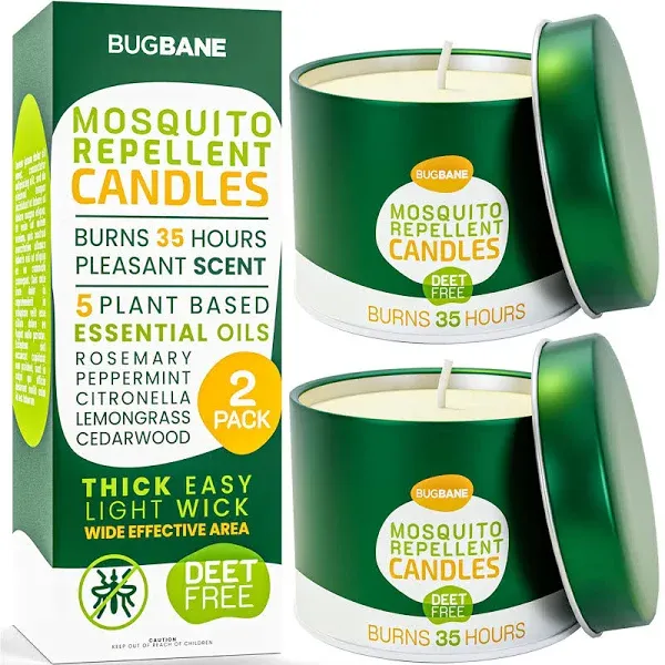 Mosquito Candle Outdoor 2 Pack with 5 Natural Essential Oils. DEET Free Citro...