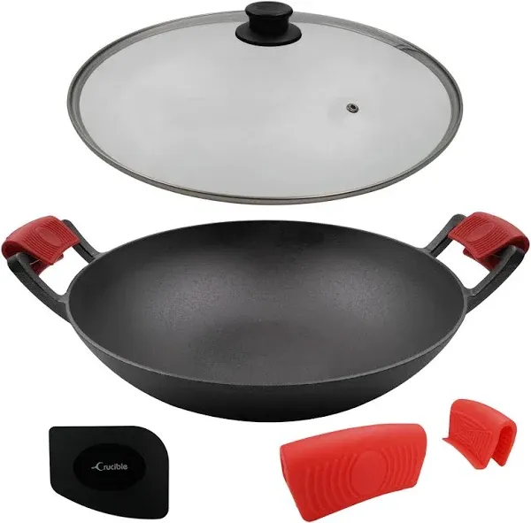 Crucible Cookware 14-Inch Cast Iron Wok Set (Pre-Seasoned), Glass Lid & Silicone Hot Handle Holders