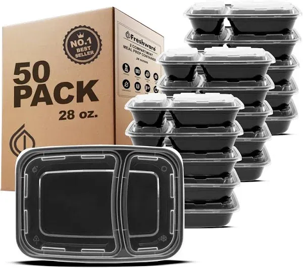 Freshware Meal Prep Containers [50 Pack] 2 Compartment with Lids, (28 oz)