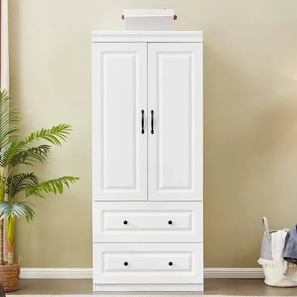 71" H Closet with Doors White Wooden Armoire Wardrobe Closet Freestanding Clothes Storage Closet Bedroom Armoires Wood Wardrobe Storage Closet Cabinet with Hanging Rod Shelf 2 Drawers