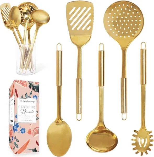 Brass/Gold Cooking Utensils Set for Modern Cooking and Serving - 5 PC Dishwas...