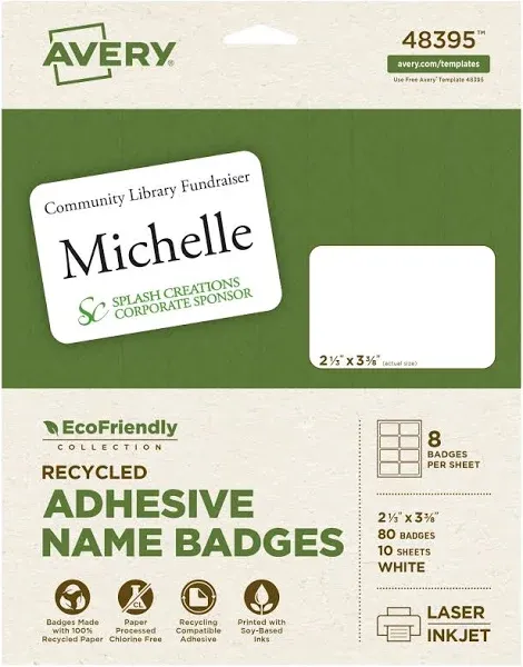 avery EcoFriendly Adhesive Name Badge Labels, 2 1/3 x 3 3/8, White, 160/Box