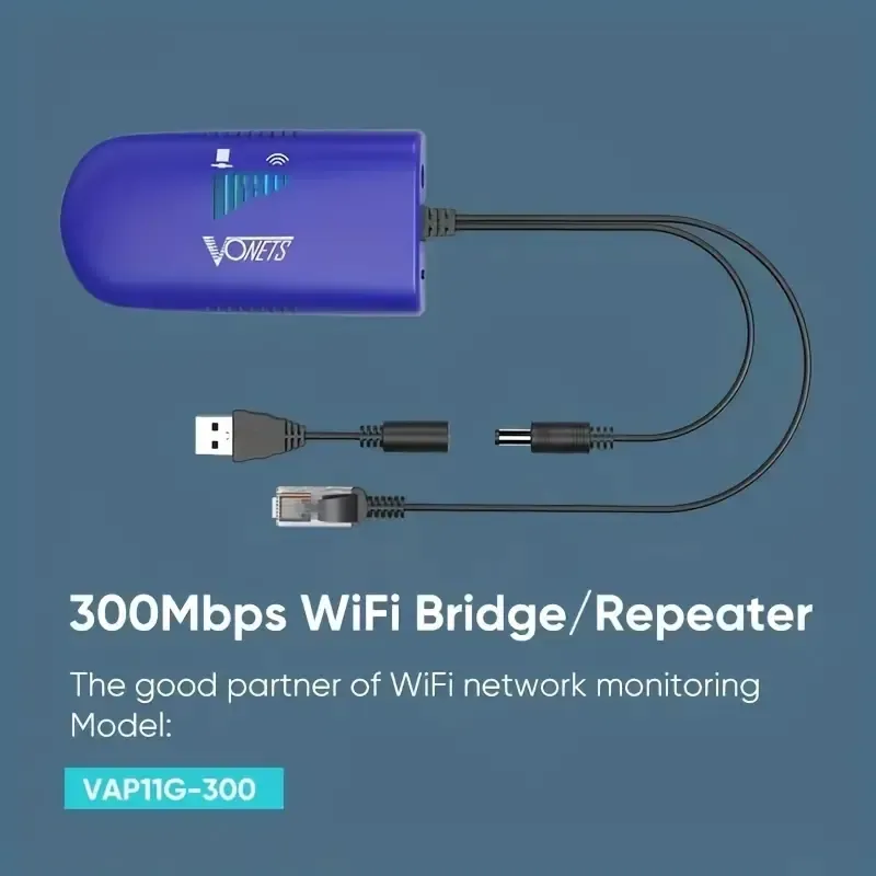 Vonets VAP11G-300 WiFi Bridge 2.4GHz WiFi to Ethernet Convert/Wifi Repeater/Point to Point with RJ45 male DC/USB Powered for PLC IP Camera Printer