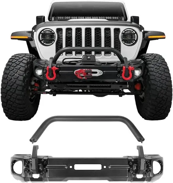 Rugged Ridge Arcus Bumper, Front | Stubby w/Tubular Overrider, 11-Gauge Steel, Satin Black | 11549.05 | Fits 2018-2024 Jeep Wrangler JL; 2020-2024 Jeep Gladiator JT