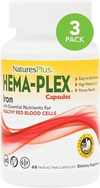 NaturesPlus Hema-Plex Iron - 60 Fast-Acting Softgels - 85 mg Elemental Iron +