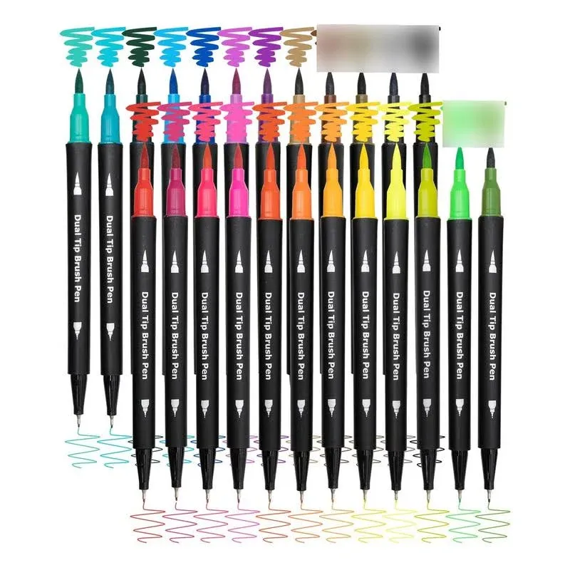 Piochoo Dual Brush Marker Pens,24 Colored Markers,Fine Point and Brush Tip for Kids Adult Coloring Books Bullet Journals Planners,Note Taking Coloring