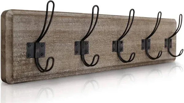 Dark Wash Brown Rustic Coat Rack Wall Mount with 5 Hooks Solid Pine Wood 24 Inch