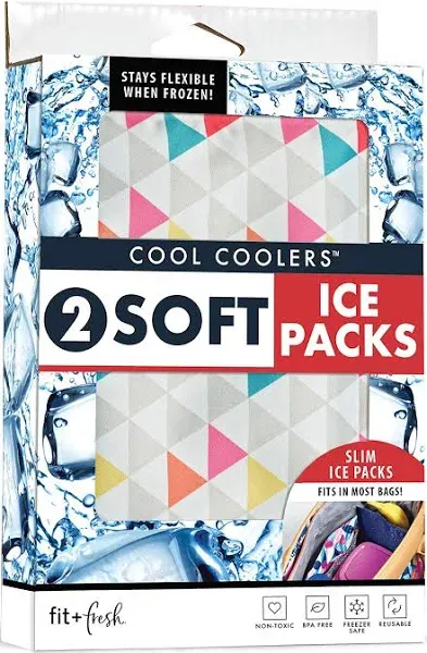 Cool Coolers by Fit & Fresh 2 Pack Soft Ice, Flexible Stretch Nylon Reusable Ice Packs for Lunch Boxes & Coolers, Navy Sketch Weave & Blue