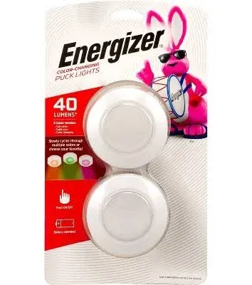 Energizer LED Puck Light, 2 Pack, Color Changing, 35 Lumens, Push On/Off, Battery Operated, Under Cabinet Lighting, Ideal for Bedroom, Closet, Bathroom, and More, 38912