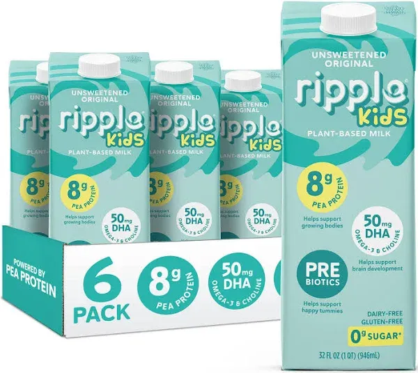 Ripple Kids Unsweetened Non-Dairy Milks | Vegan Milk with 8g Pea Protein | Shelf Stable | Non-GMO. Plant Based, Gluten Free | (32 Fl Oz (Pack of 6), Unsweetened Kids)