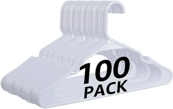 100 Pack Adult Plastic Hanger for Shirt Pants Coats Dresses Skirts Suits Jackets - Standard Thick Coat Hanger - Sturdy & Durable Design with Shoulder Grooves Hook - White