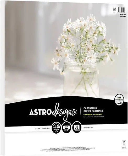 Astrodesigns Crafting Cardstock, 12" x 12", 65 lb/176 gsm, Bright White, 70 Sheets (91522)