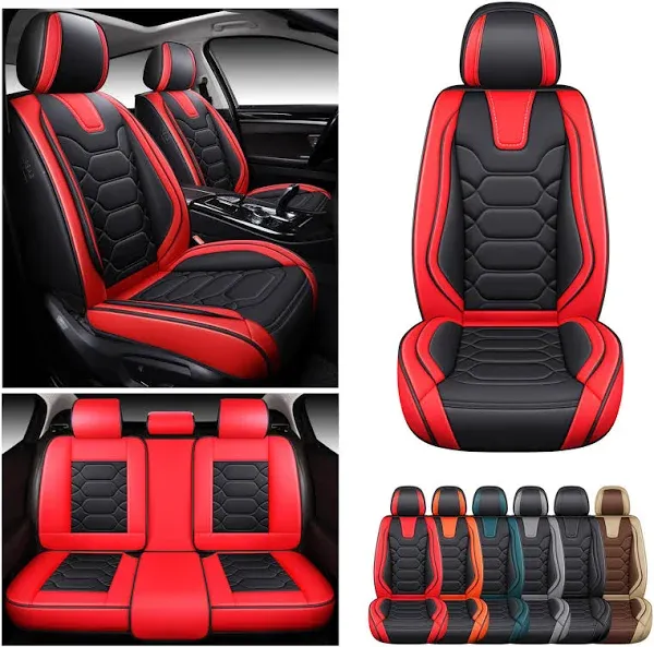 OASIS AUTO Car Seat Covers Premium Waterproof Faux Leather Cushion Universal Accessories Fit SUV Truck Sedan Automotive Vehicle Auto Interior Protector Full Set (OD-004 Black&Red)