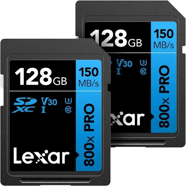 Lexar 128GB (2-Pack) High-Performance 800x PRO SDXC UHS-I Memory Card, C10, U3, V30, 4K UHD Video, Up to 150MB/s Read, for Point-and-Shoot & Mid-Range DSLR Cameras, HD Camcorders (LSD0800P128G-B2NNU)