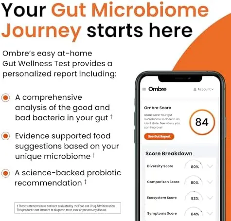 Ombre Gut Health Test Kit - Probiotic Recommender at Home Test for Women & Men - Detailed Custom Gut Microbiome Analysis for Digestive, Immune and Mental Health with Food Suggestions